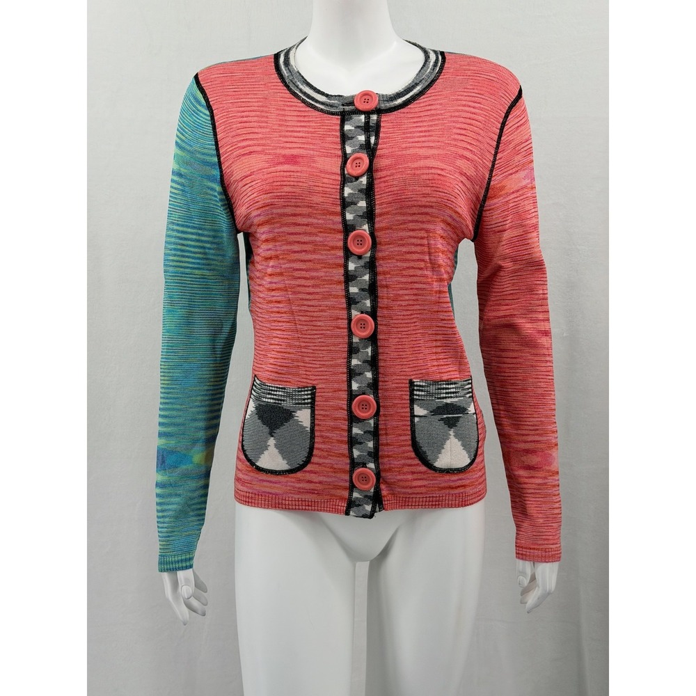 Anthropologie One Girl Who Sweater‎ Womens Large Pink Blue Cardigan Artsy Retro
